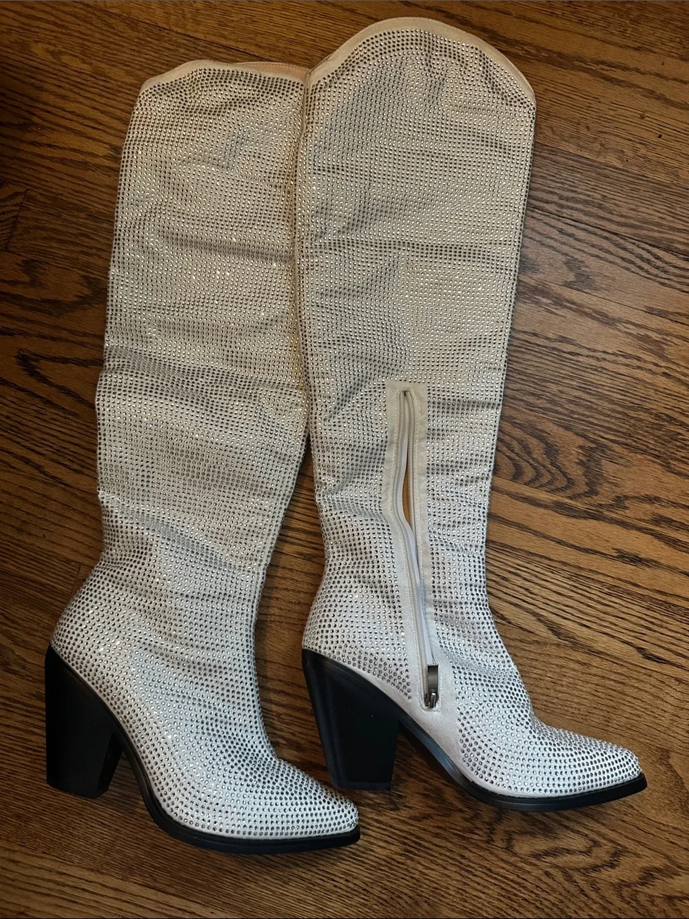 Knee-High White Rhinestone Block Heel Boots